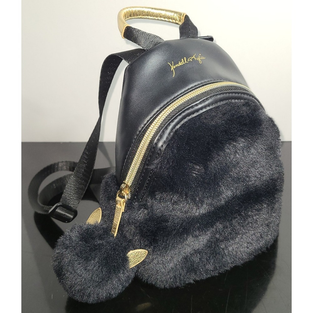 Kendall & Kylie Faux Fur Cat Pom Pom Mini Backpack Bag‎ Black/Gold Chic Sassy